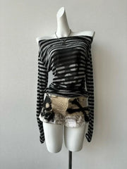 Alt Striped Shadow Print Mesh Top Shoptery