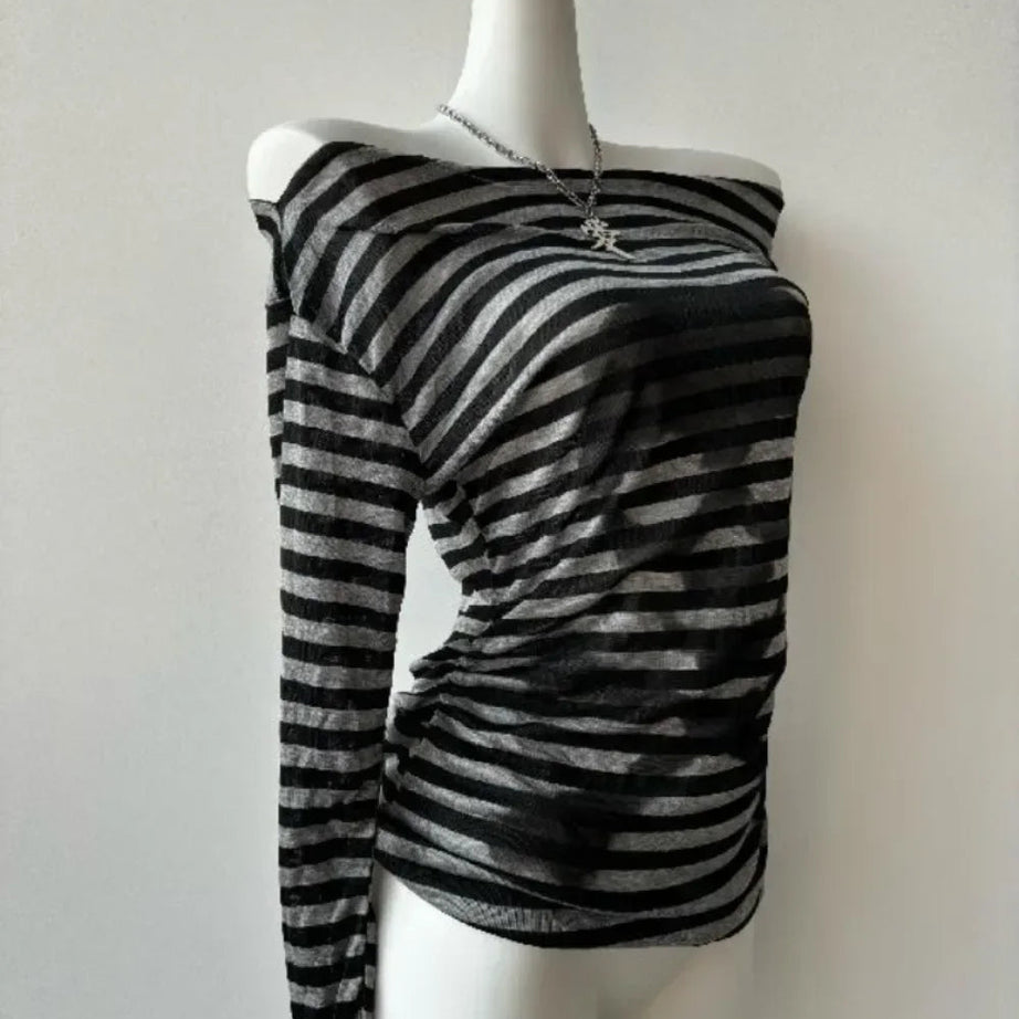 Alt Striped Shadow Print Mesh Top Shoptery