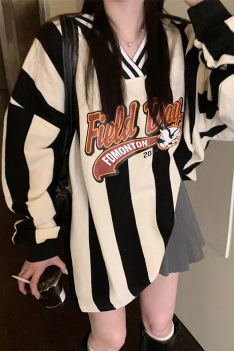 Striped Varsity Graphic Sweater - Sweaters