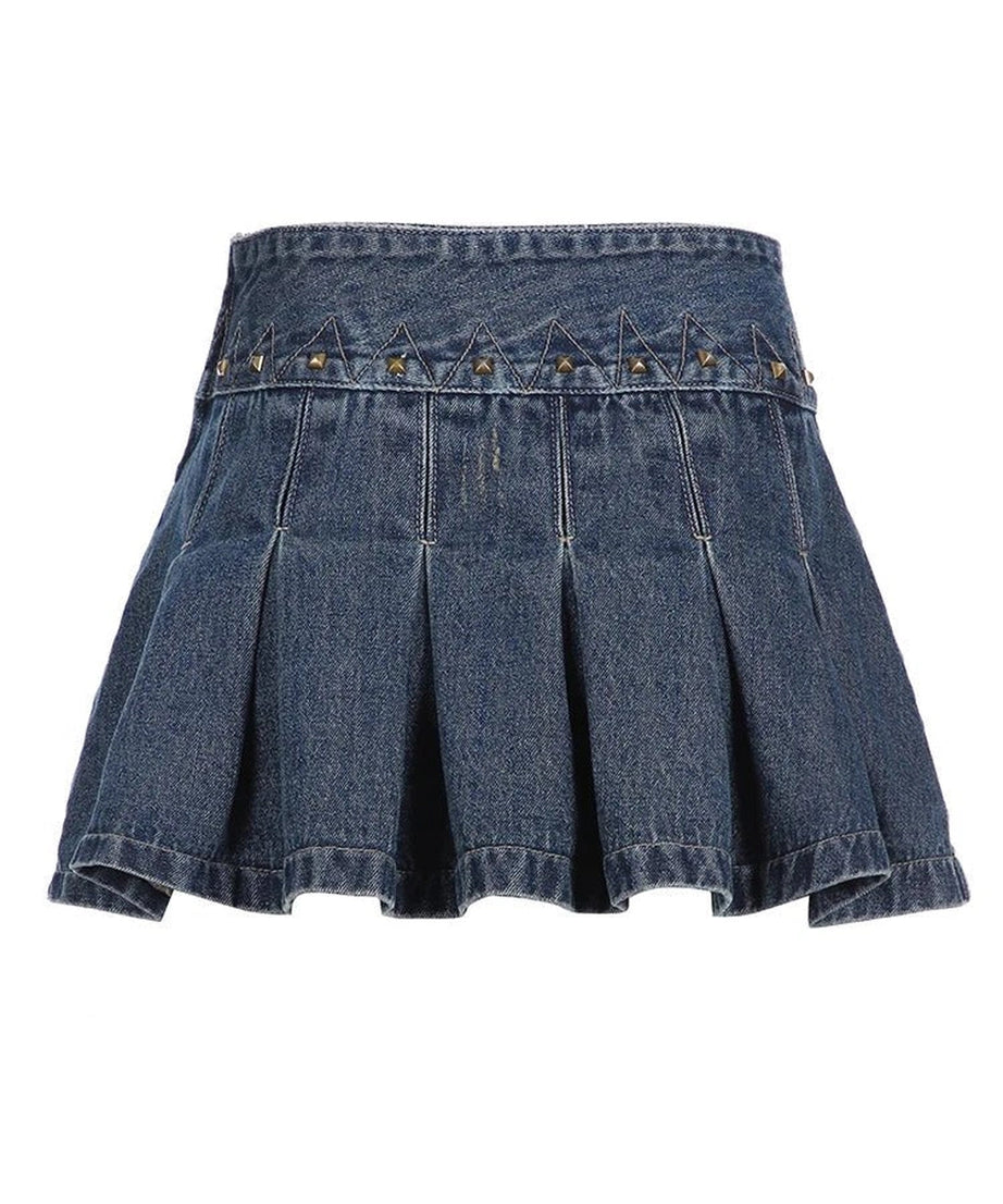 Studded Low - Rise Denim Mini Skirt - Denim Skirt