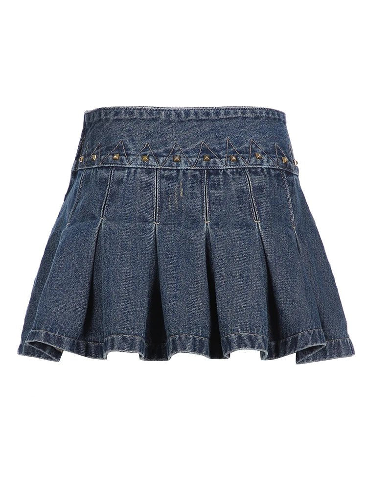 Studded Low - Rise Denim Mini Skirt - Denim Skirt