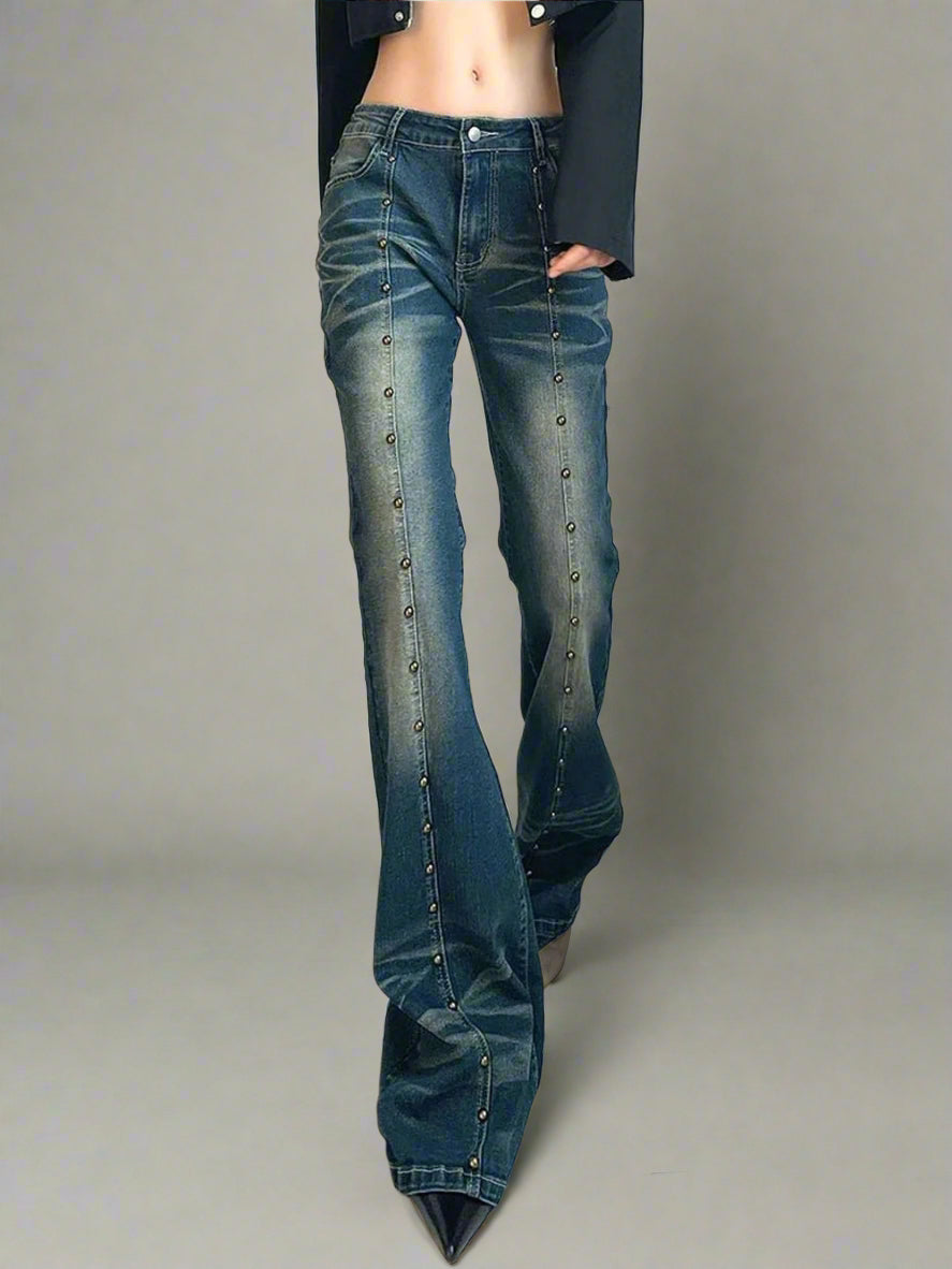Y2k Retro Studded Midnight Flare Jeans Blue Shoptery