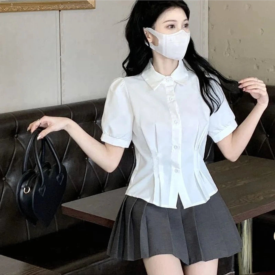 Summer Cropped Turndown Collar Blouse Shoptery