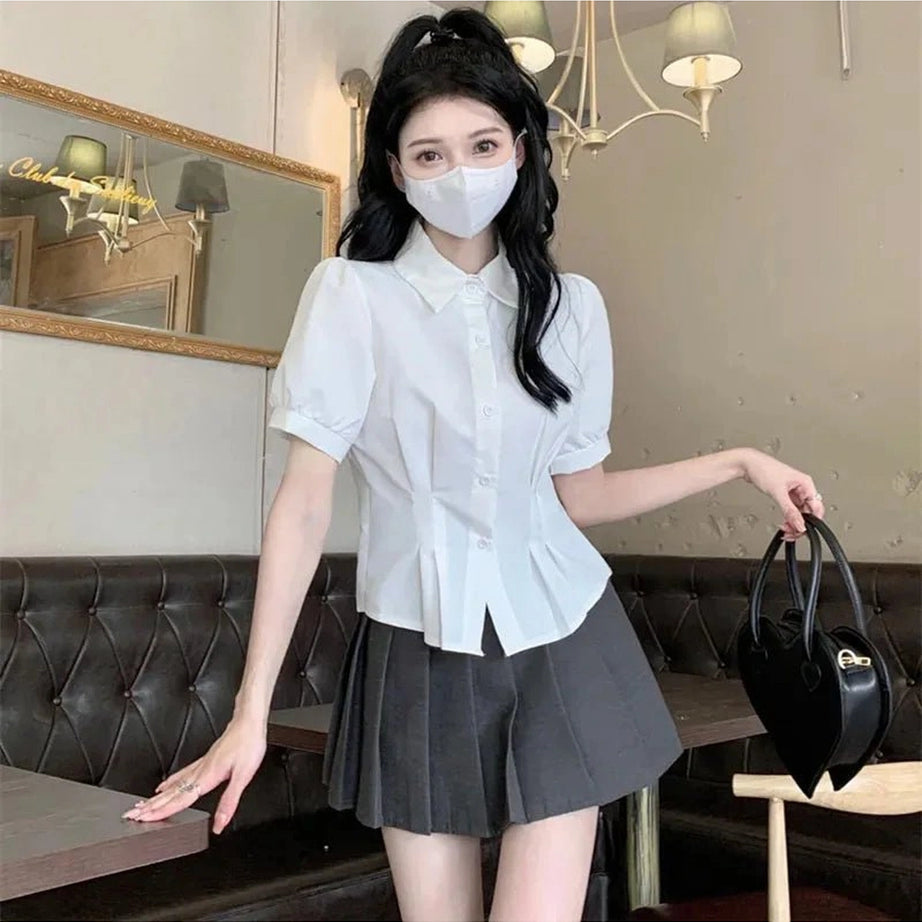 Summer Cropped Turndown Collar Blouse white CHINA Shoptery