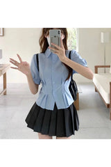 Summer Cropped Turndown Collar Blouse blue CHINA Shoptery