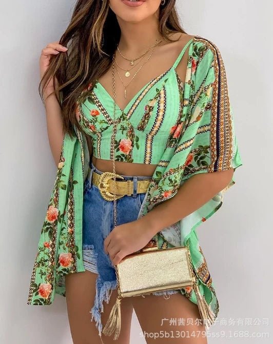 Summer Fashion New Style Green Printed Top Two - Piece Set - 