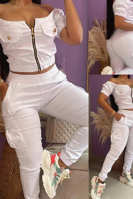 Summer Fashion Short Sleeve Zipper Design Top & Pants Set - 