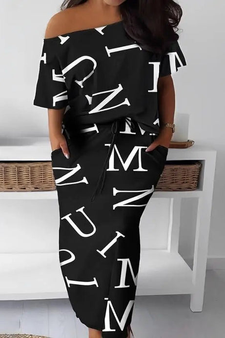 Summer New Alphabet Printed Diagonal Neck T-Shirt and Skirt - 