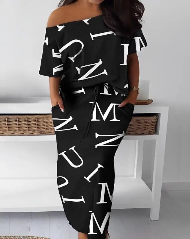 Summer New Alphabet Printed Diagonal Neck T-Shirt and Skirt - 