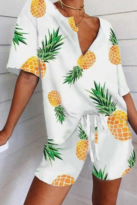 Summer Pineapple Print Sleeved Top and Drawstring Shorts Set - 