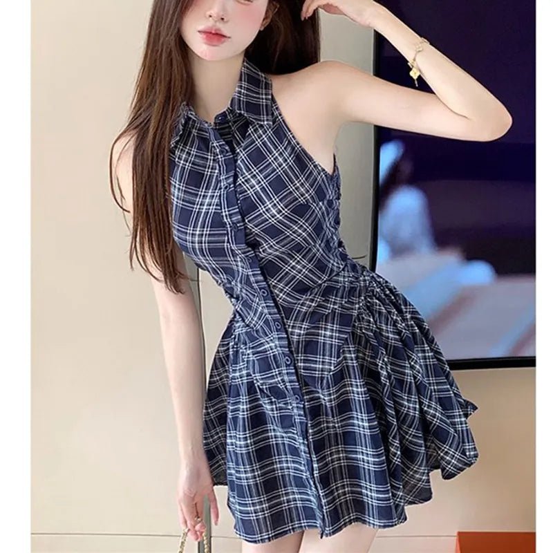 Summer Plaid Mini Shirt Dress -