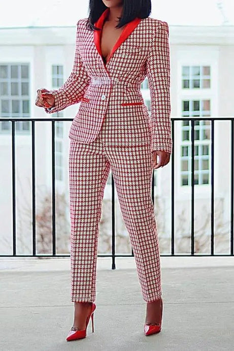 Summer Plaid Print Shawl Collar Buttoned Blazer & Long Pants Set - 