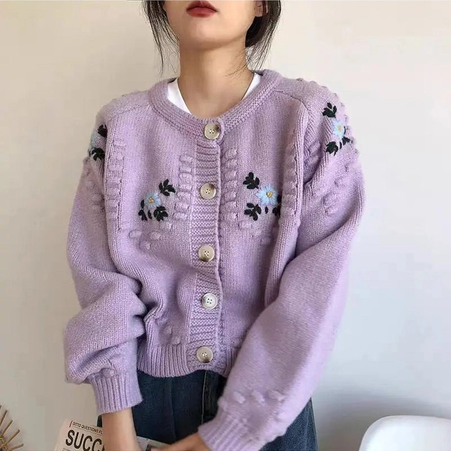 Retro Sunlit Meadow Button-Up Cardigan PURPLE Shoptery