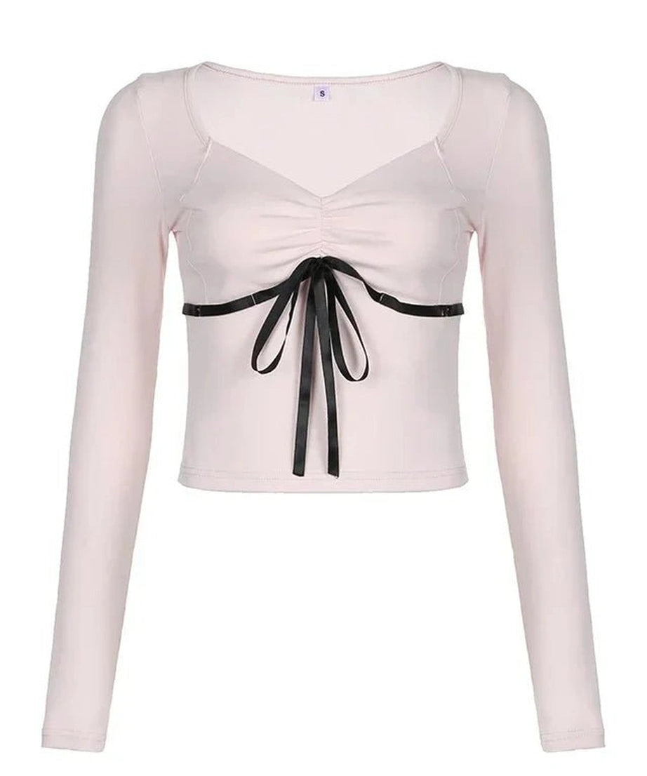 Sweet Contrast Ribbon Crop Top -