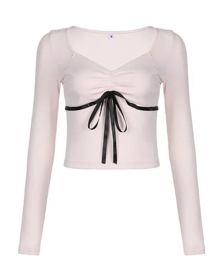 Sweet Contrast Ribbon Crop Top -