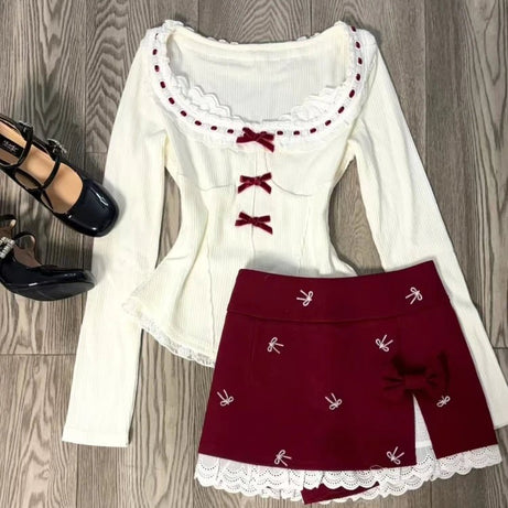 Sweetheart Ribbon Alt Lace Long Sleeve Outfit Set 2-piece set Shoptery