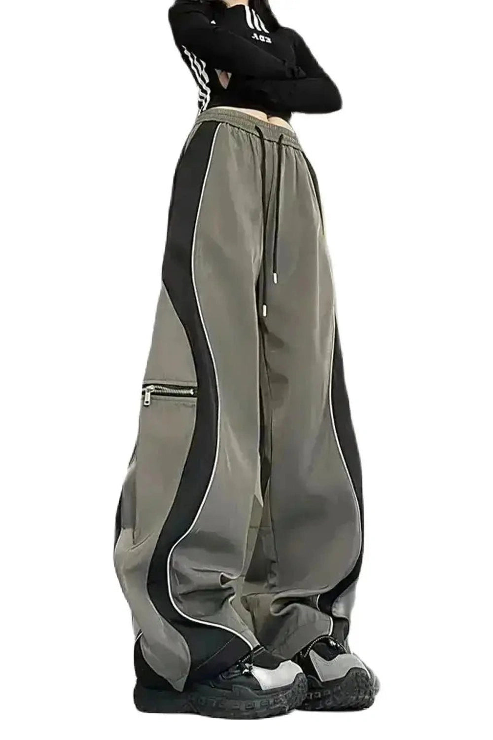 Y2k Techwear Contrast Wide-Leg Pants Green Shoptery