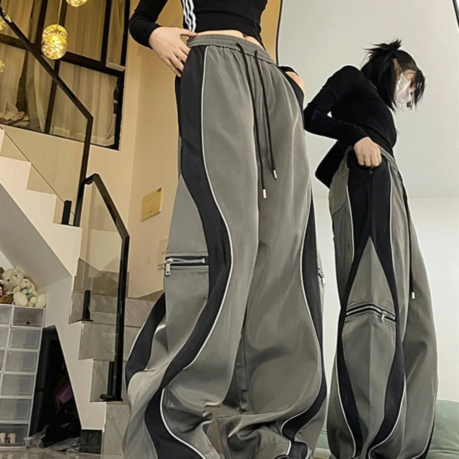 Y2k Techwear Contrast Wide-Leg Pants Shoptery