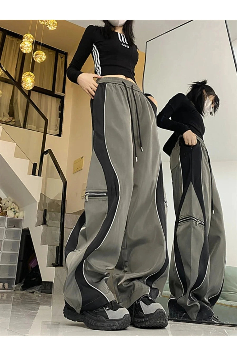 Y2k Techwear Contrast Wide-Leg Pants Shoptery