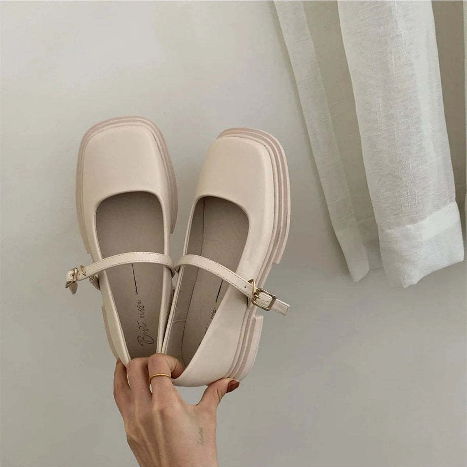 Aesthetic Thick Heels Mary Jane Shoes Creamy-white Shoptery