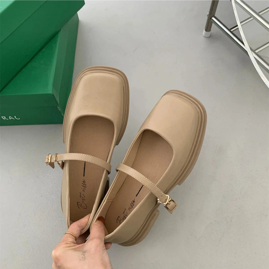 Aesthetic Thick Heels Mary Jane Shoes khaki Shoptery