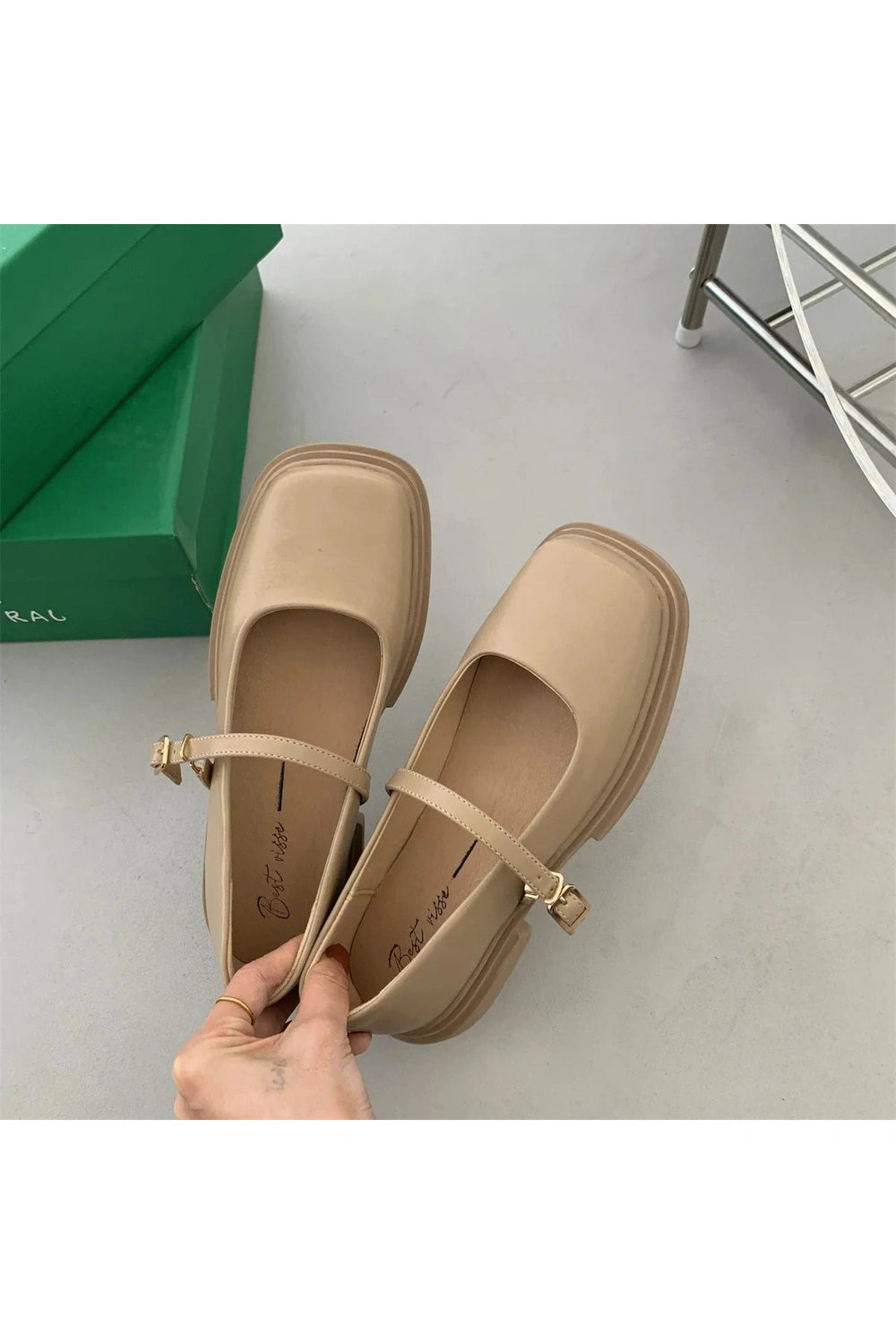 Aesthetic Thick Heels Mary Jane Shoes khaki Shoptery