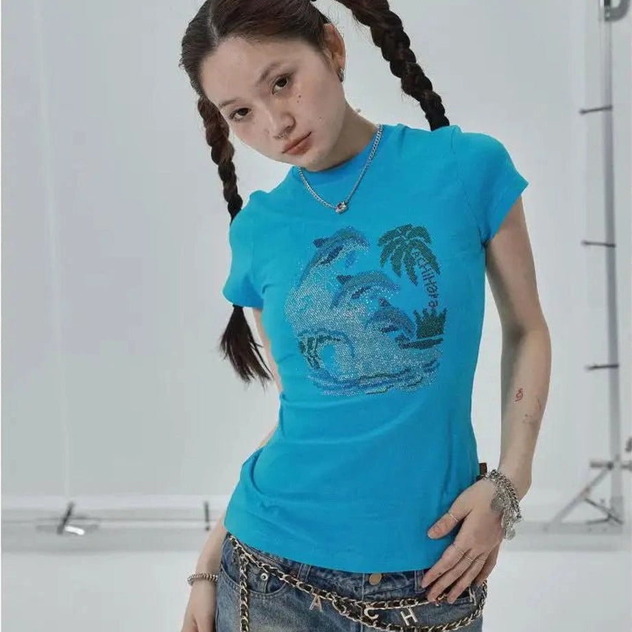 Aesthetic Tropical Wave Rhinestone Top Shoptery