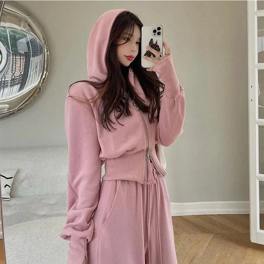 Aesthetic Two Piece Hooded Tracksuit Pink Shoptery
