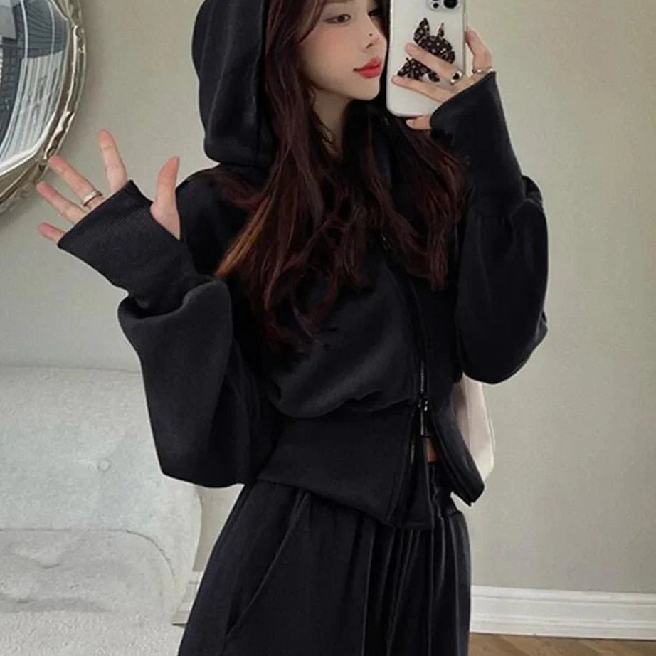 Aesthetic Two Piece Hooded Tracksuit Black Shoptery