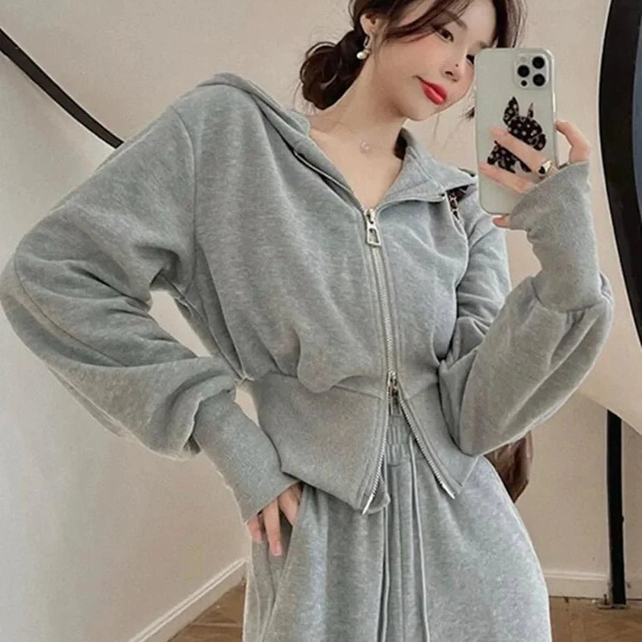 Aesthetic Two Piece Hooded Tracksuit Light Gray Shoptery