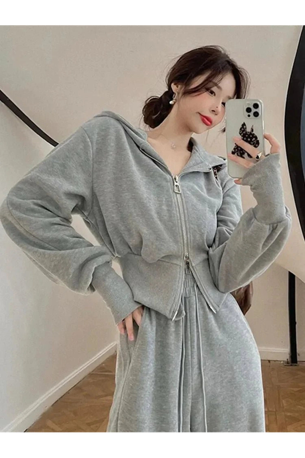 Aesthetic Two Piece Hooded Tracksuit Light Gray Shoptery