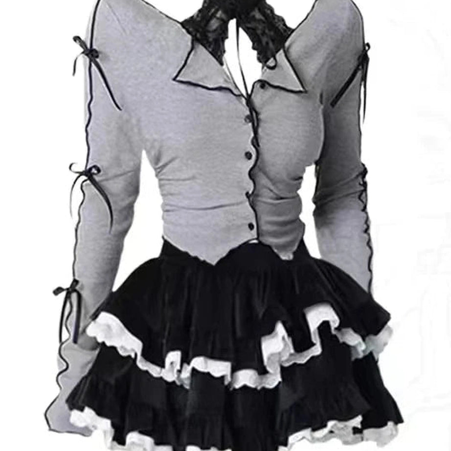 Acubi Two-Piece Long Sleeve Outfit Set Top and Skirt Shoptery