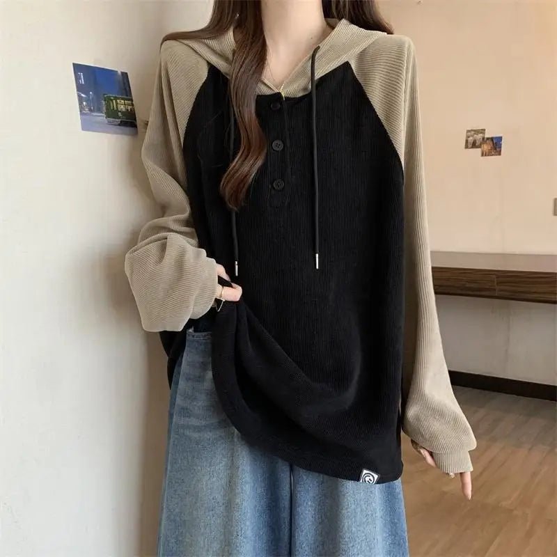 Two-Tone Button-Up Retro Hooded Sweatshirt black Shoptery