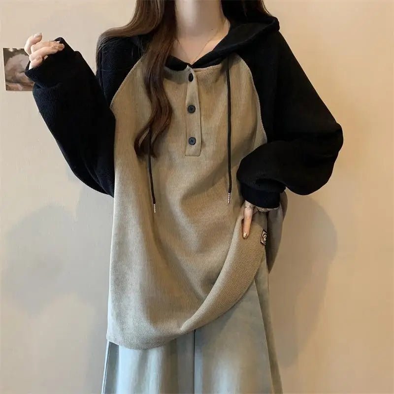 Two-Tone Button-Up Retro Hooded Sweatshirt Khaki Shoptery