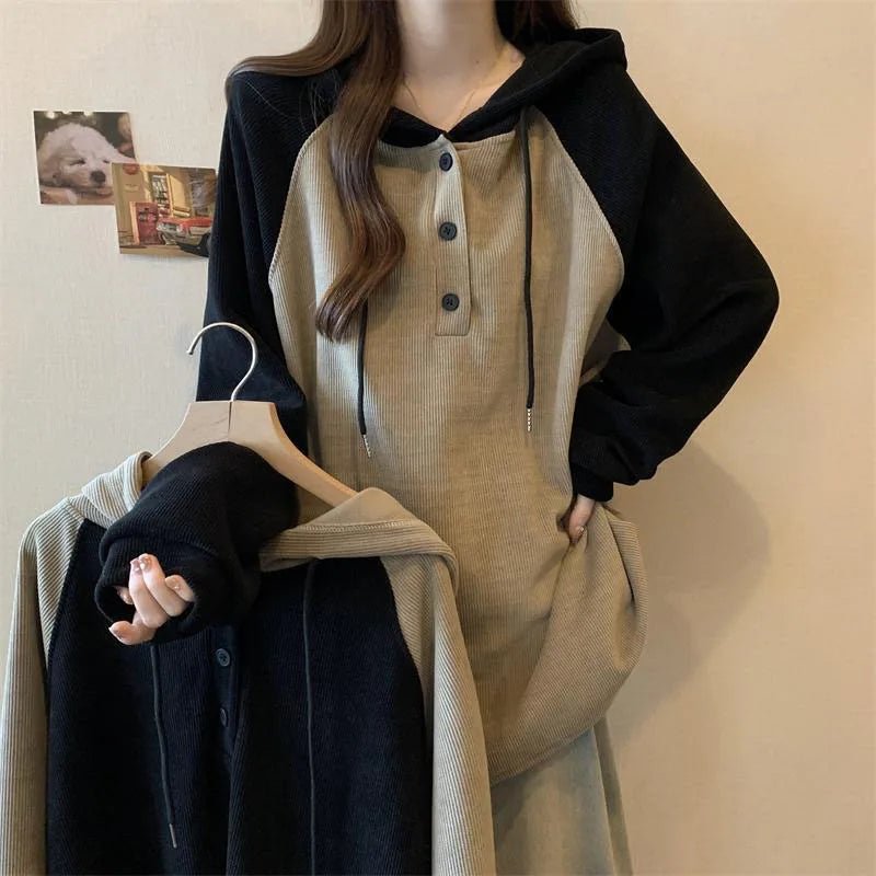 Two-Tone Button-Up Retro Hooded Sweatshirt Shoptery