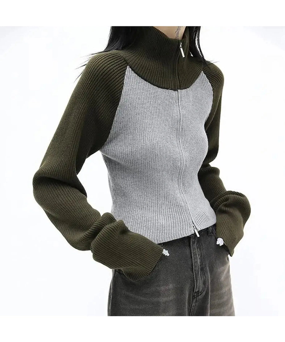 Two - Tone Street Zip - Up Sweater - 