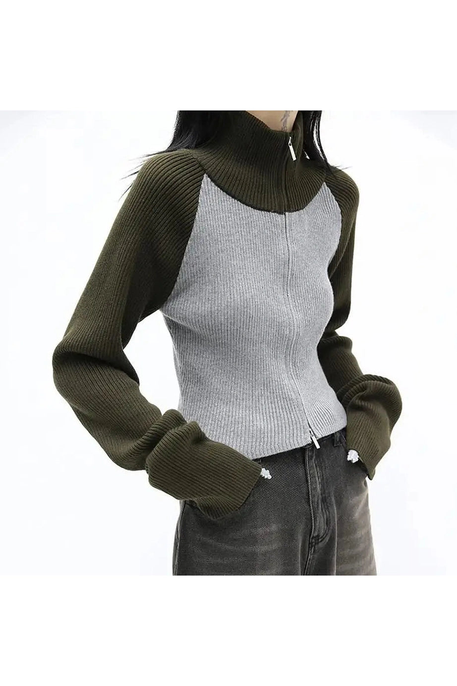 Two - Tone Street Zip - Up Sweater - 