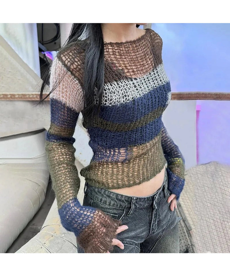 Urban Grunge Mesh Knit Sweater - Sweaters