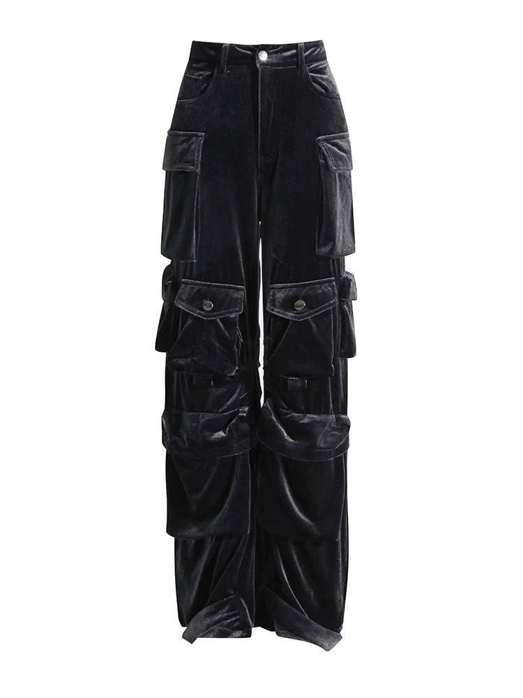 Y2k Velvet Vibe Utility Cargo Pants DARKGREY Shoptery