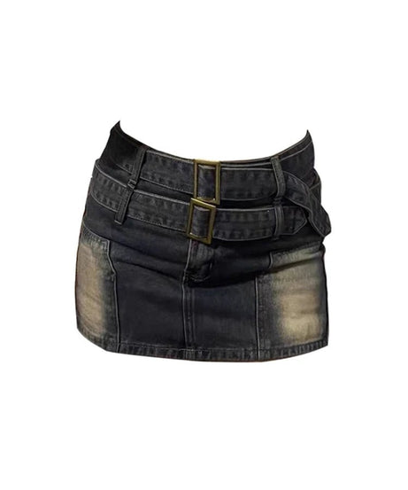 Vintage Buckle Denim Mini Skirt - Denim Skirt