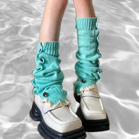 Y2k Button-Up Lace Leg Warmers Blue one size Shoptery