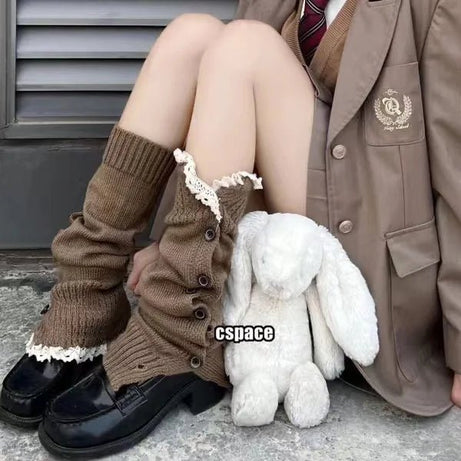 Y2k Button-Up Lace Leg Warmers coffee one size Shoptery