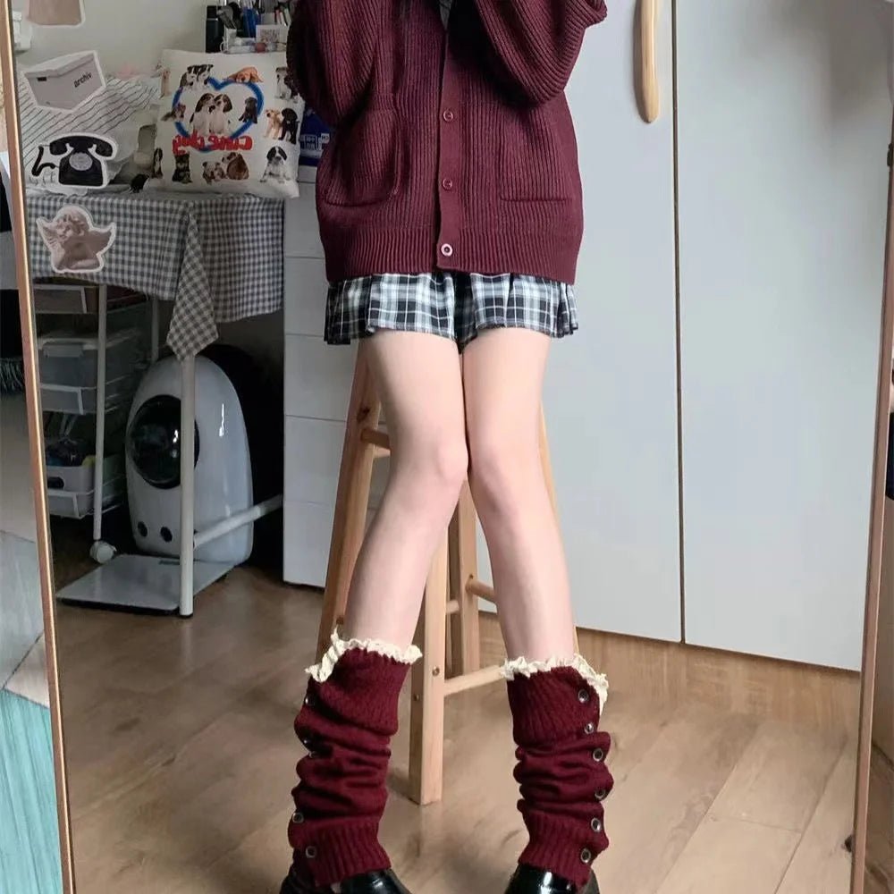 Y2k Button-Up Lace Leg Warmers wine red one size Shoptery