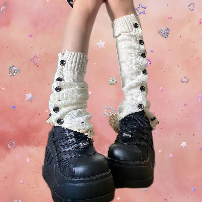 Y2k Button-Up Lace Leg Warmers WHITE one size Shoptery