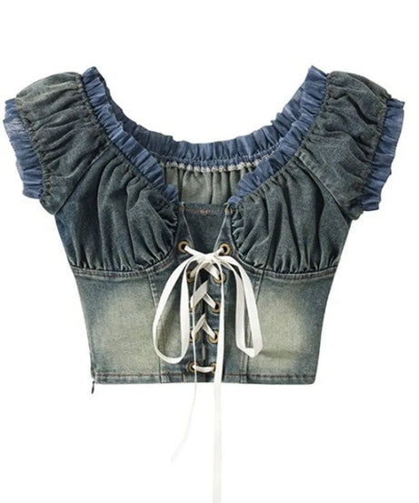 Vintage Denim Lace - Up Crop Top - Crop Tops