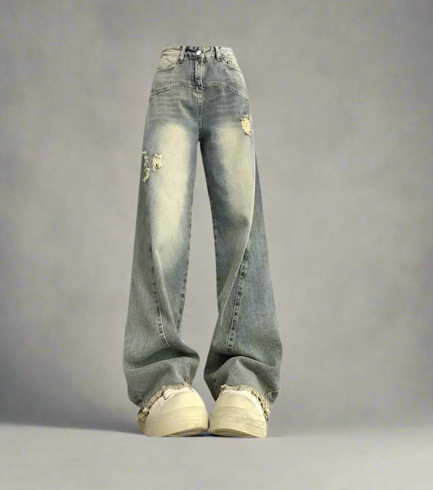 Y2k Fade Distressed Wide-Leg Jeans Blue Shoptery