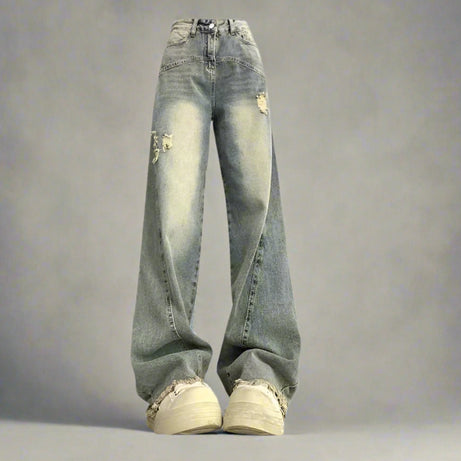 Y2k Fade Distressed Wide-Leg Jeans Blue Shoptery