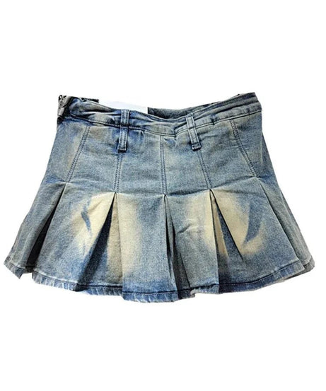 Vintage Faded Denim Pleated Skirt - Denim Skirt