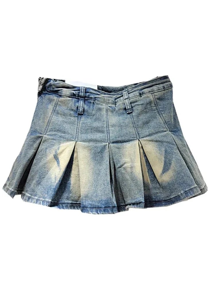 Vintage Faded Denim Pleated Skirt - Denim Skirt