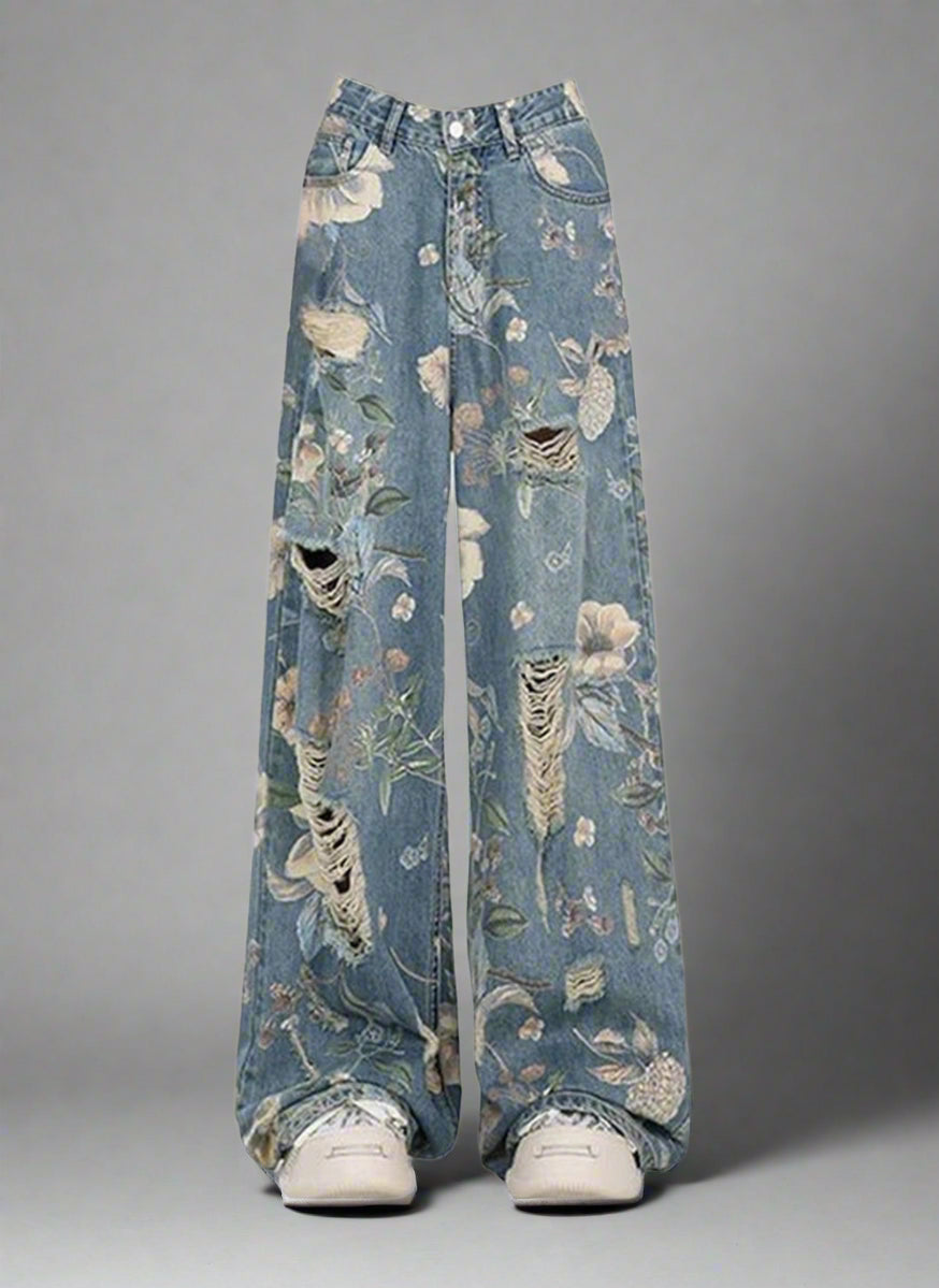 Alt Retro Floral Wide-Leg Jeans Blue Shoptery